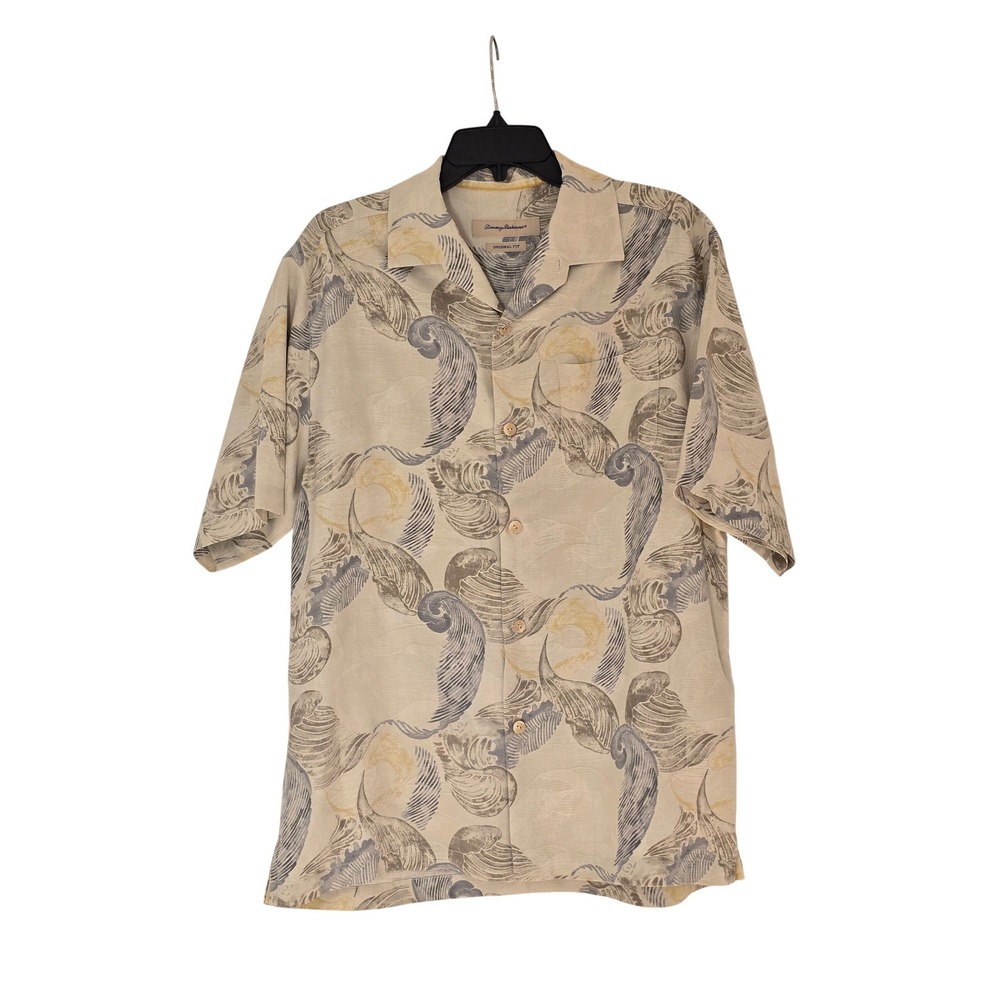 Tommy Bahama Mens Silk Button Down Shirt Beige Abstract Wave Original Fit M